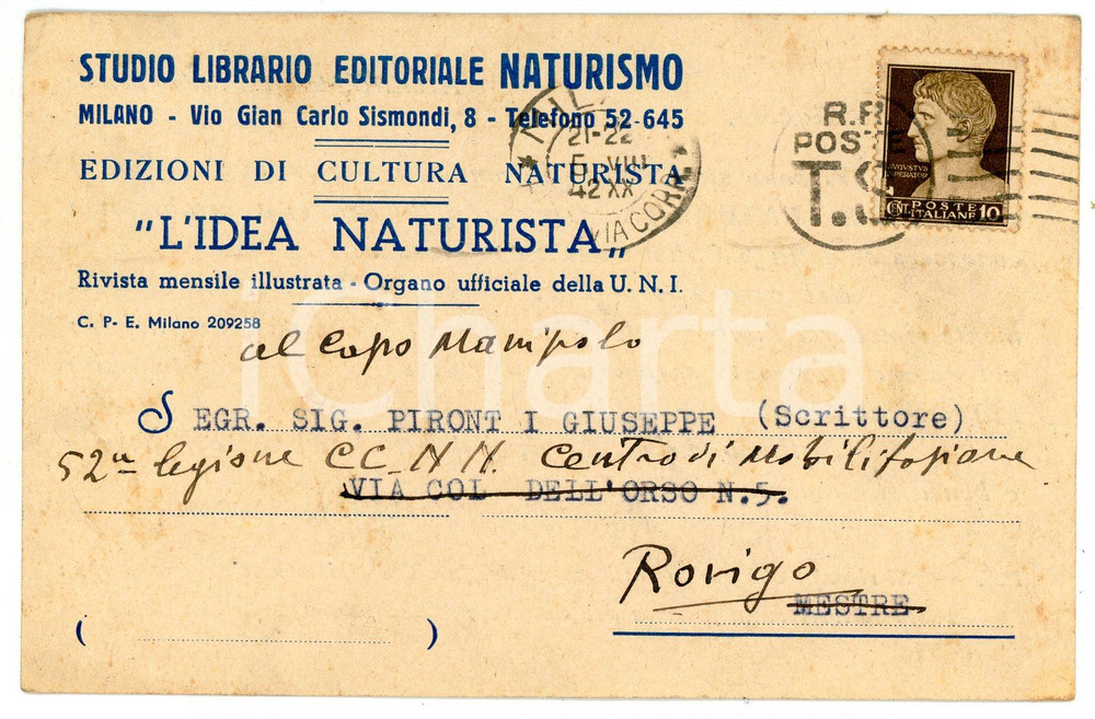 Cartolina originale da collezione 1942 ROVIGO Giuseppe PIRONTI riceve numeri gratuiti di IDEA NATURISTA Cartolina 1