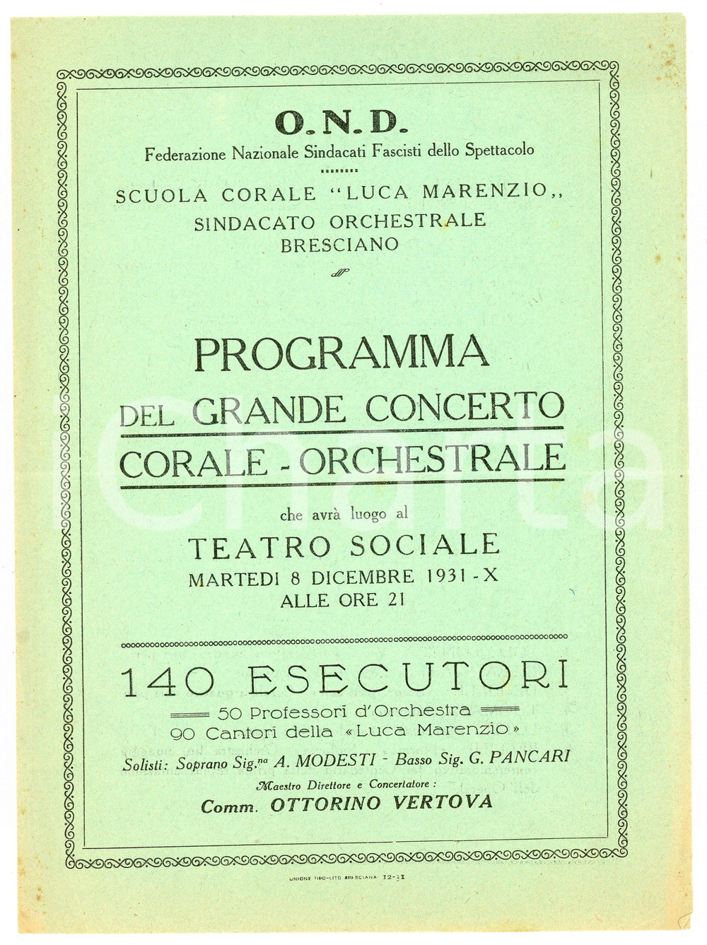 Oggetto da collezione cartaceo 1931 BRESCIA O.N.D. Grande concerto coraleorchestrale TEATRO LIRICO Programma 1