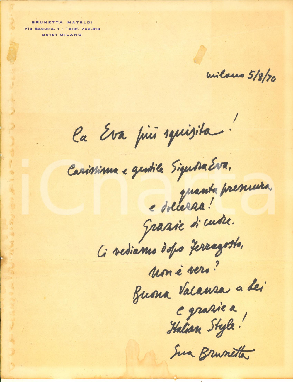 Autografo originale 1970 MILANO Lettera ringraziamento BRUNETTA Bruna MATELDI MORETTI Autografo 1