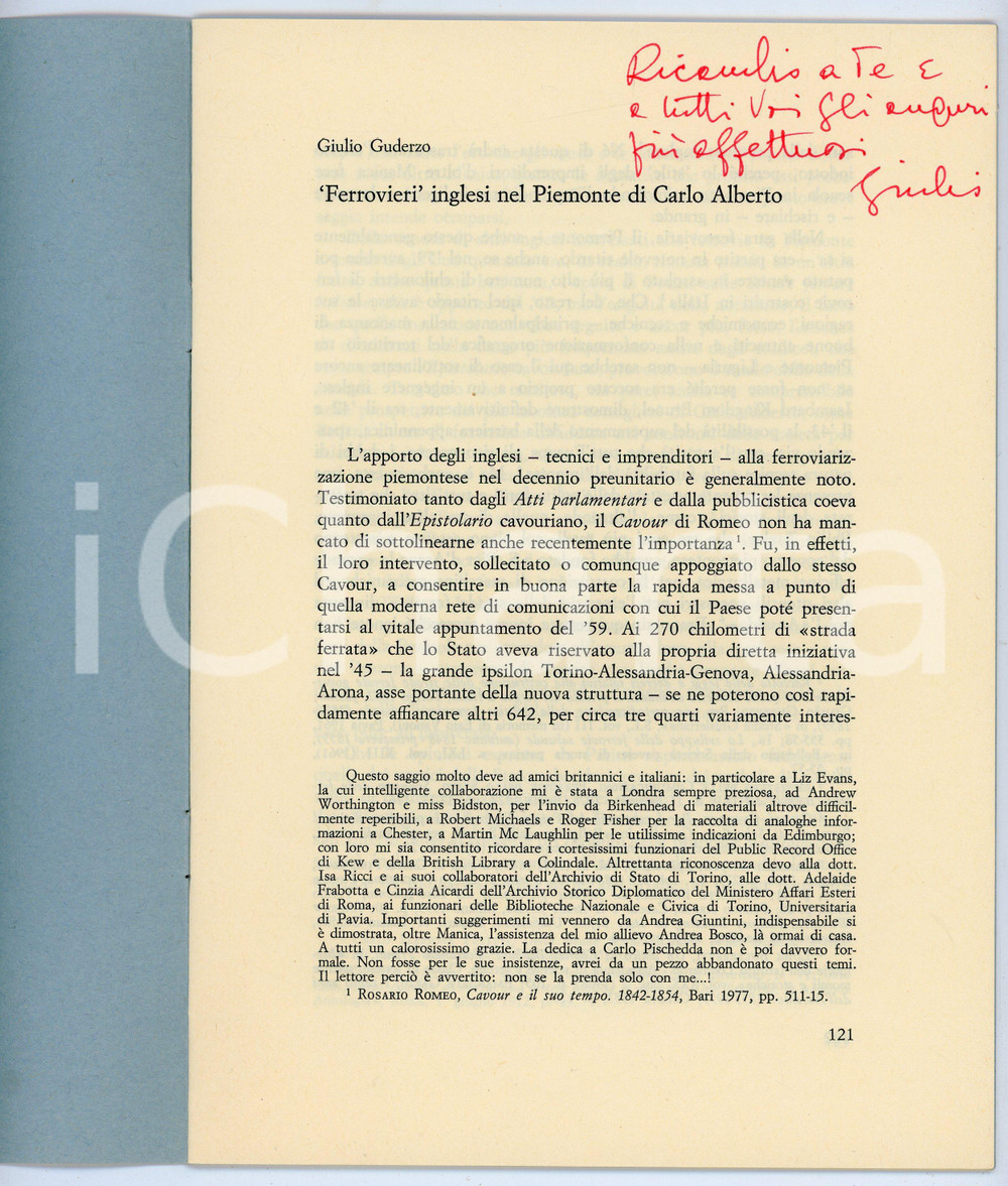 Libro, pubblicazione d epoca 1987 Giulio ODERZO Ferrovieri inglesi nel Piemonte di Carlo Alberto AUTOGRAFO 1