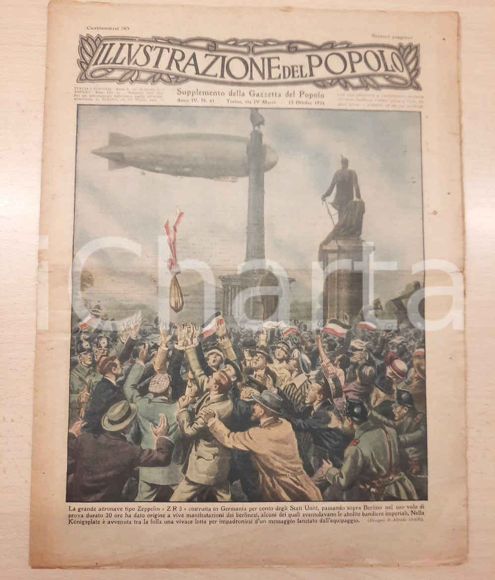 Giornale, rivista storica 1924 L ILLUSTRAZIONE DEL POPOLO Aeronave ZEPPELIN ZR3 su Berlino  Parchi ROMA 1