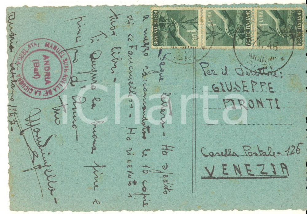 Autografo originale 1946 ANDRIA Manuel SCARINGELLA DE LA CICOGNA  Addio vecchio anno Autografo 1