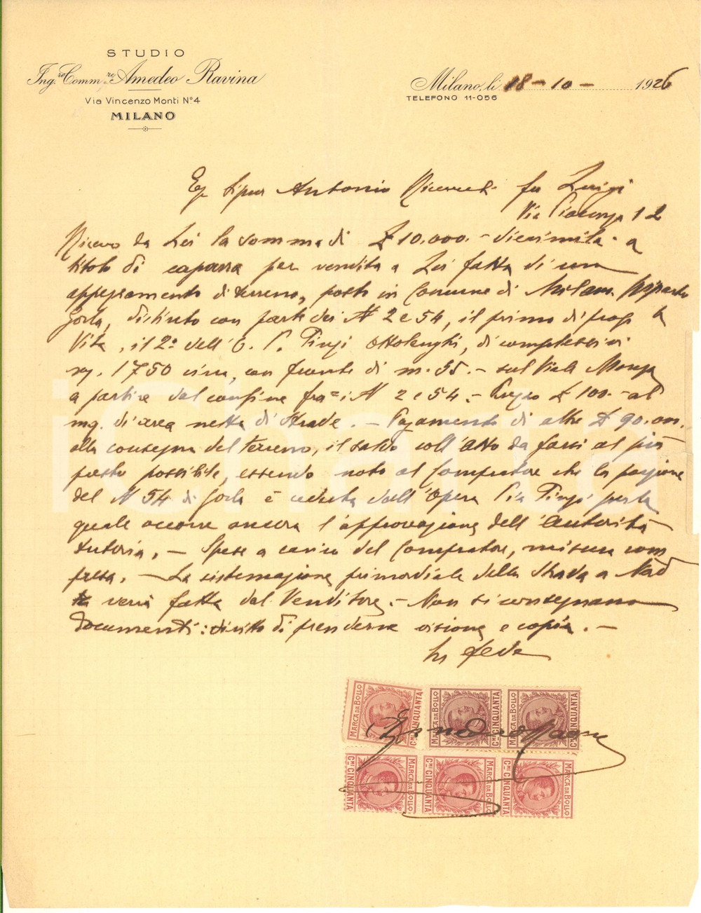 Autografo originale 1926 MILANO Lettera ing. Amedeo RAVINA  Vendita di un terreno Autografo 1