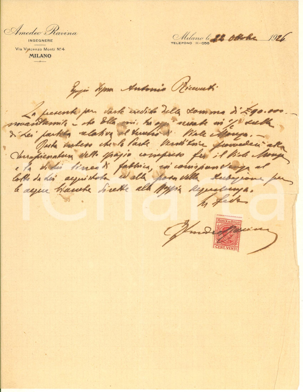 Autografo originale 1926 MILANO Lettera ing. Amedeo RAVINA  Vendita terreno viale Monza Autografo 1