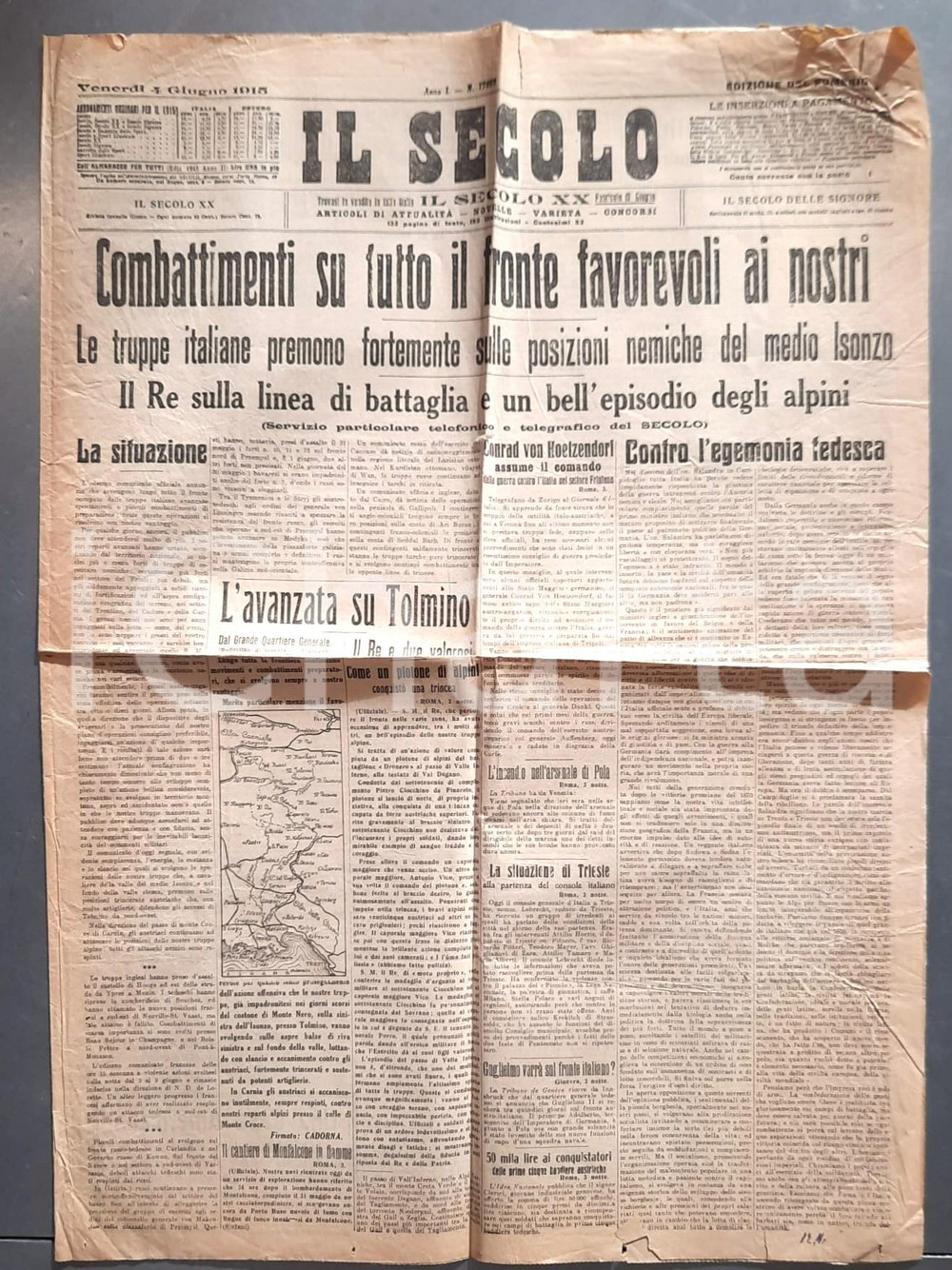 Giornale, rivista storica 1918 WW1 IL SECOLO Truppe italiane sull Isonzo  Avanzata su Tolmino Giornale 1