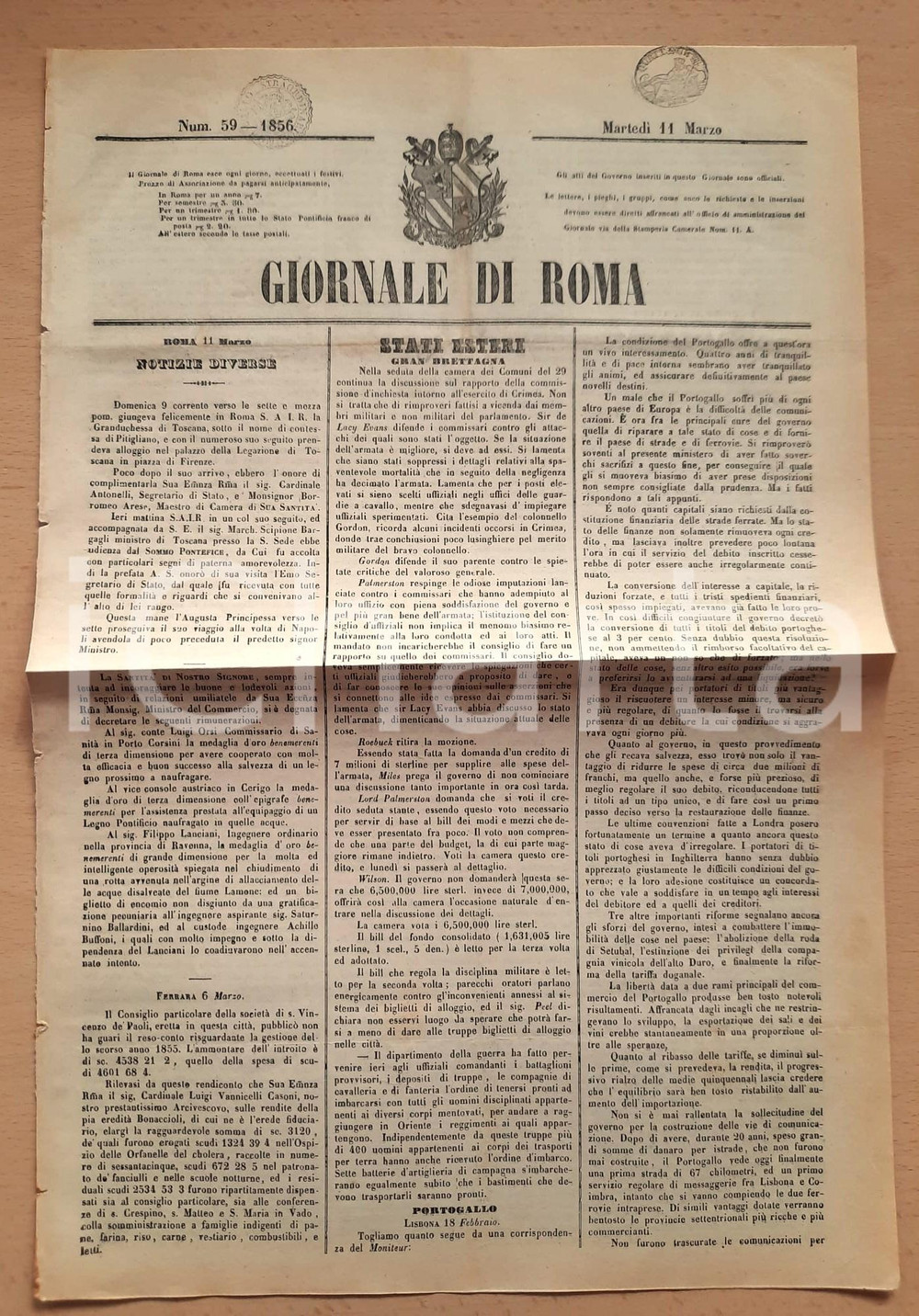 Giornale, rivista storica Marzo 1856 GIORNALE DI ROMA Inchiesta su esercito inglese in Crimea Giornale 1