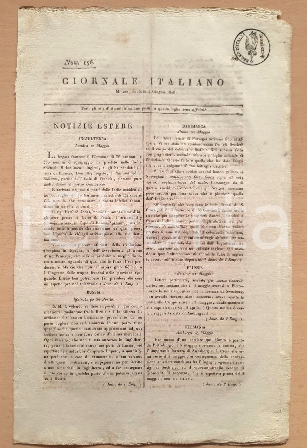 Giornale, rivista storica Giugno 1808 GIORNALE ITALIANO Anniversario incoronazione Napoleone Giornale 1