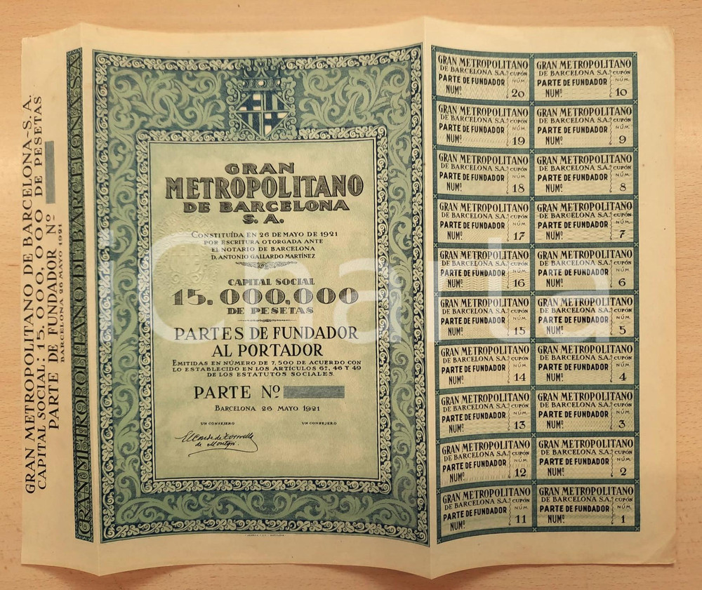 Oggetto da collezione cartaceo 1921 GRAN METROPOLITANO DE BARCELONA Certificato azionario con cedole 1