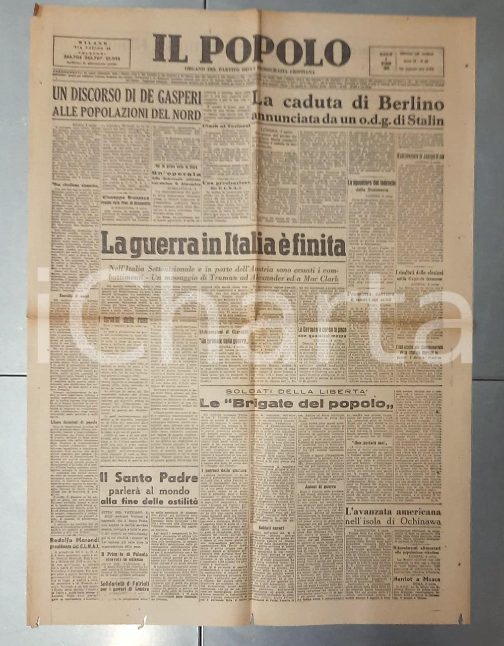 Giornale, rivista storica 3 Maggio 1945 IL POPOLO La guerra in Italia è finita  Berlino caduta  Giornale 1