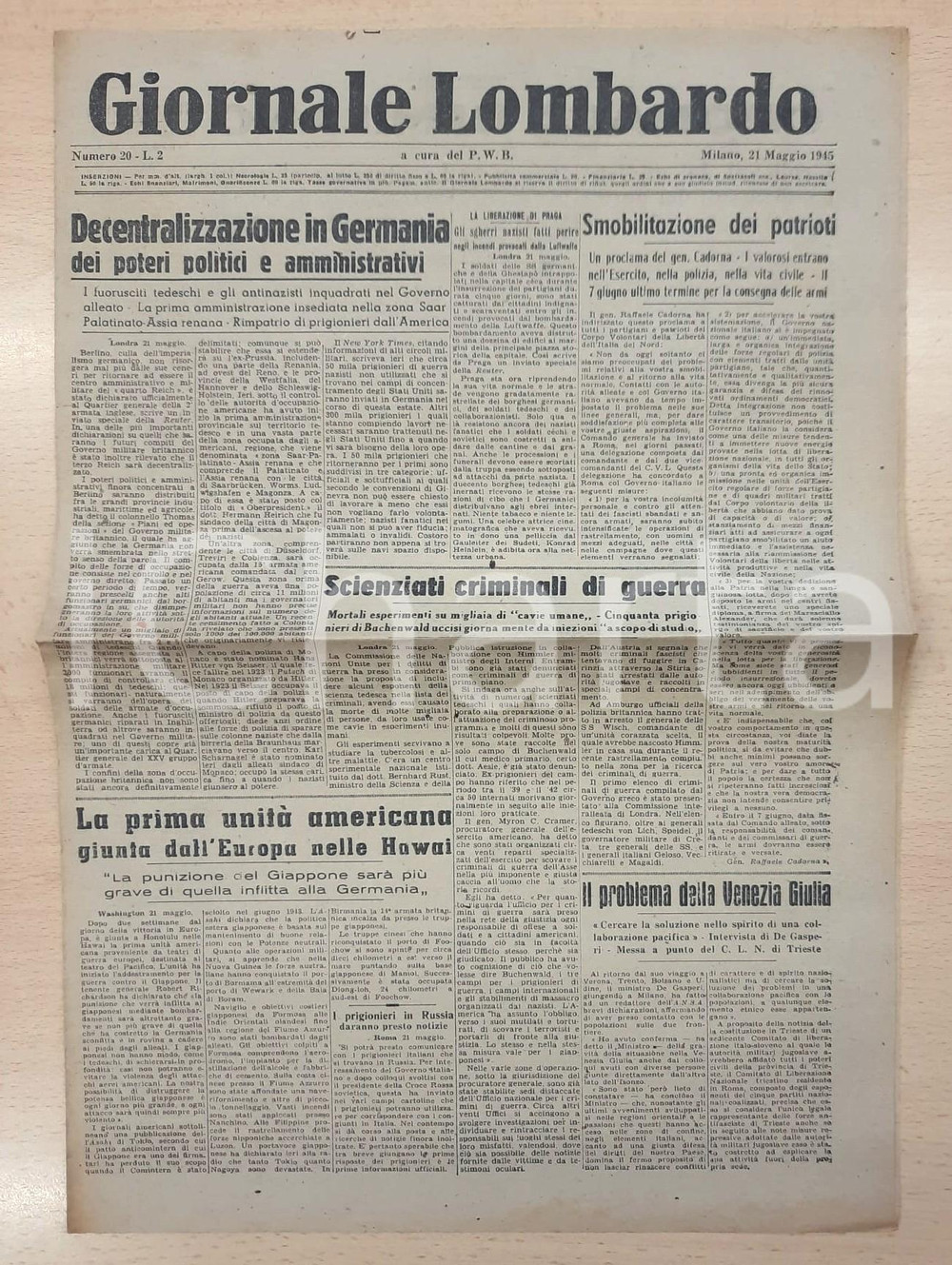 Giornale, rivista storica 1945 GIORNALE LOMBARDO Scienziati criminali di guerra a Buchenwald Giornale 1