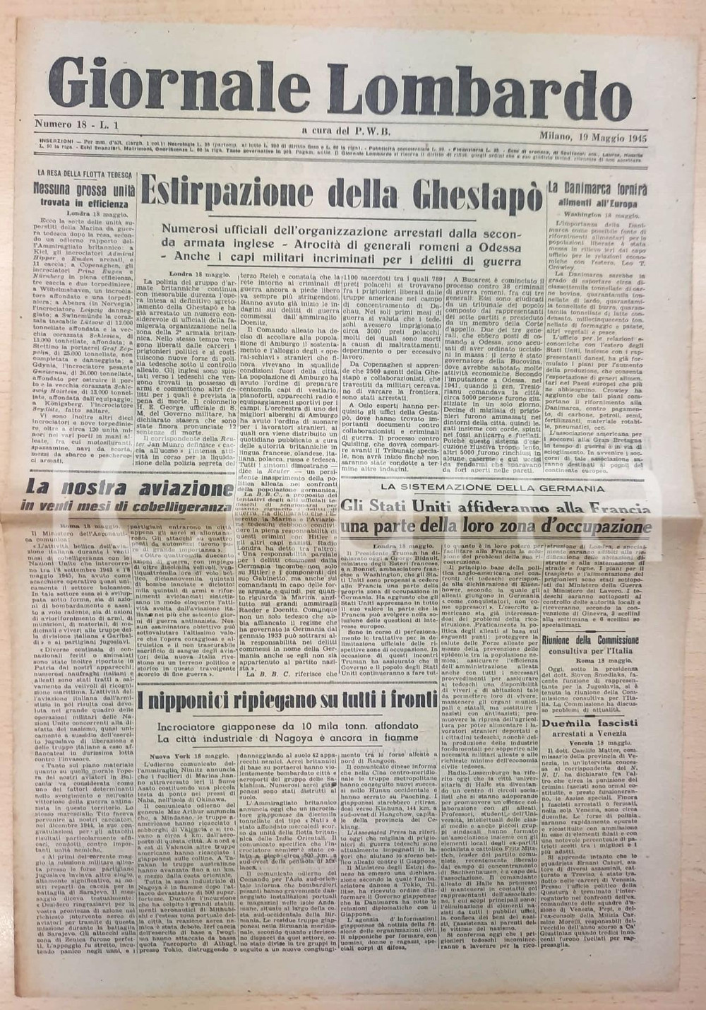 Giornale, rivista storica 1945 GIORNALE LOMBARDO Estirpazione della Gestapo  Sistemazione della Germania 1