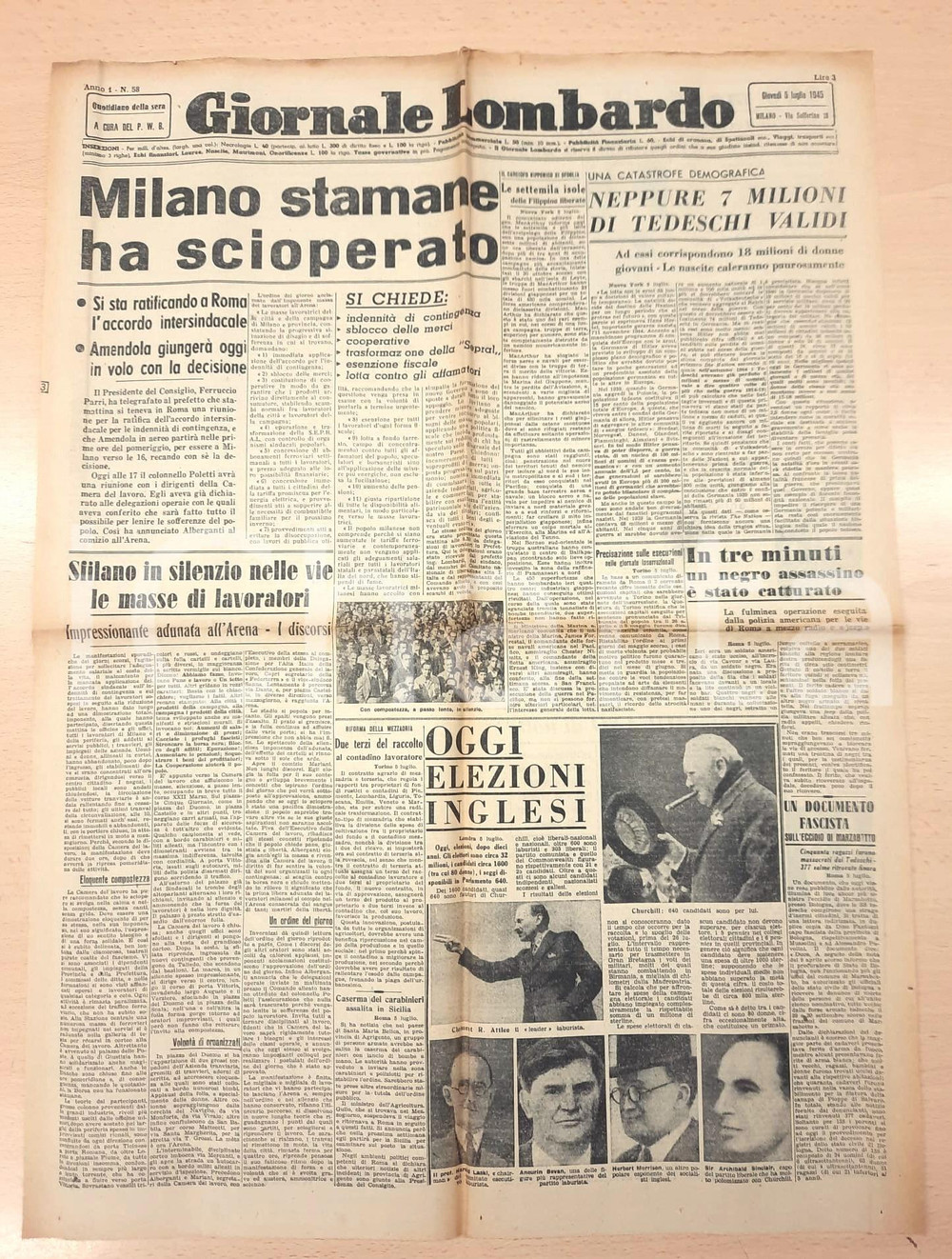 Giornale, rivista storica 1945 GIORNALE LOMBARDO Grande sciopero a Milano  Elezioni inglesi 1