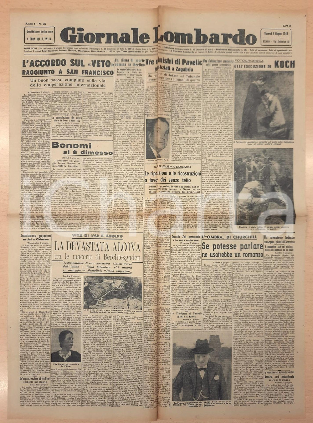 Giornale, rivista storica 1945 GIORNALE LOMBARDO Nel villino di Hitler devastato  Esecuzione di Koch 1