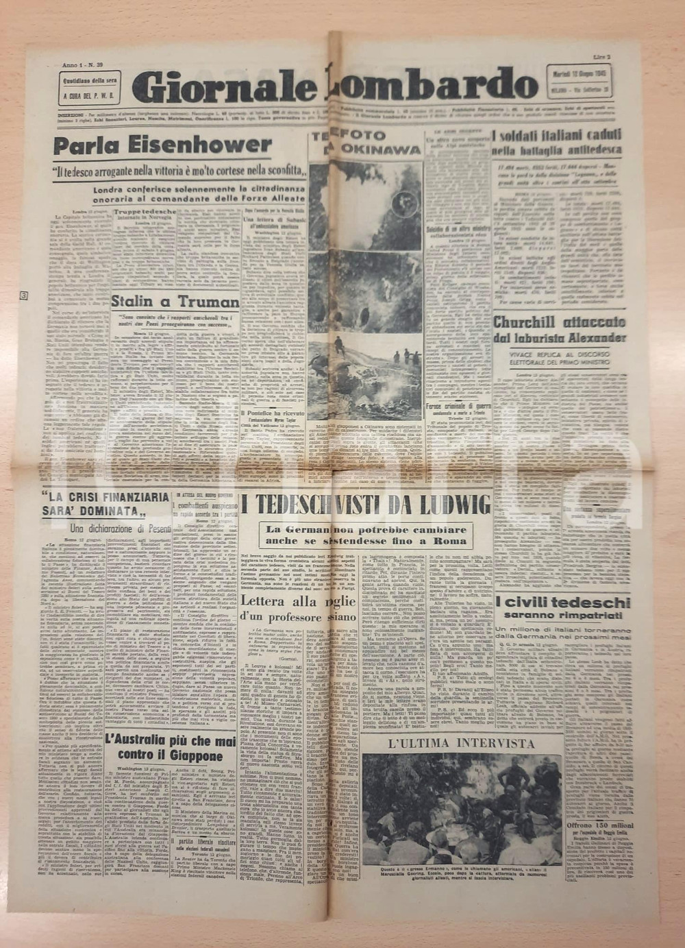 Giornale, rivista storica 1945 GIORNALE LOMBARDO Eisenhower a Londra  Gli orrori di Kaisheim 1