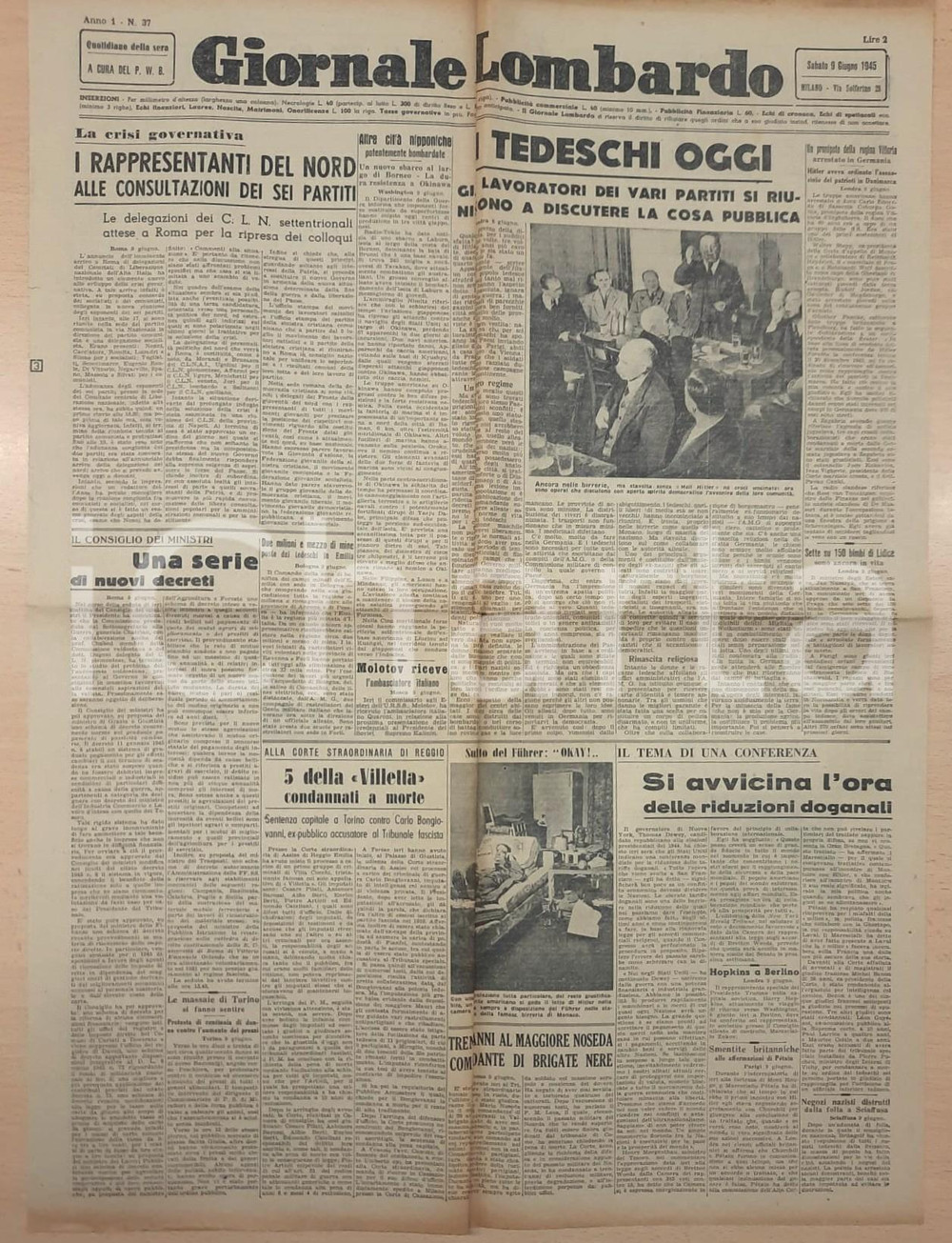 Giornale, rivista storica 1945 GIORNALE LOMBARDO Condannati i fascisti di Villa Cucchi  Colloqui C.L.N. 1