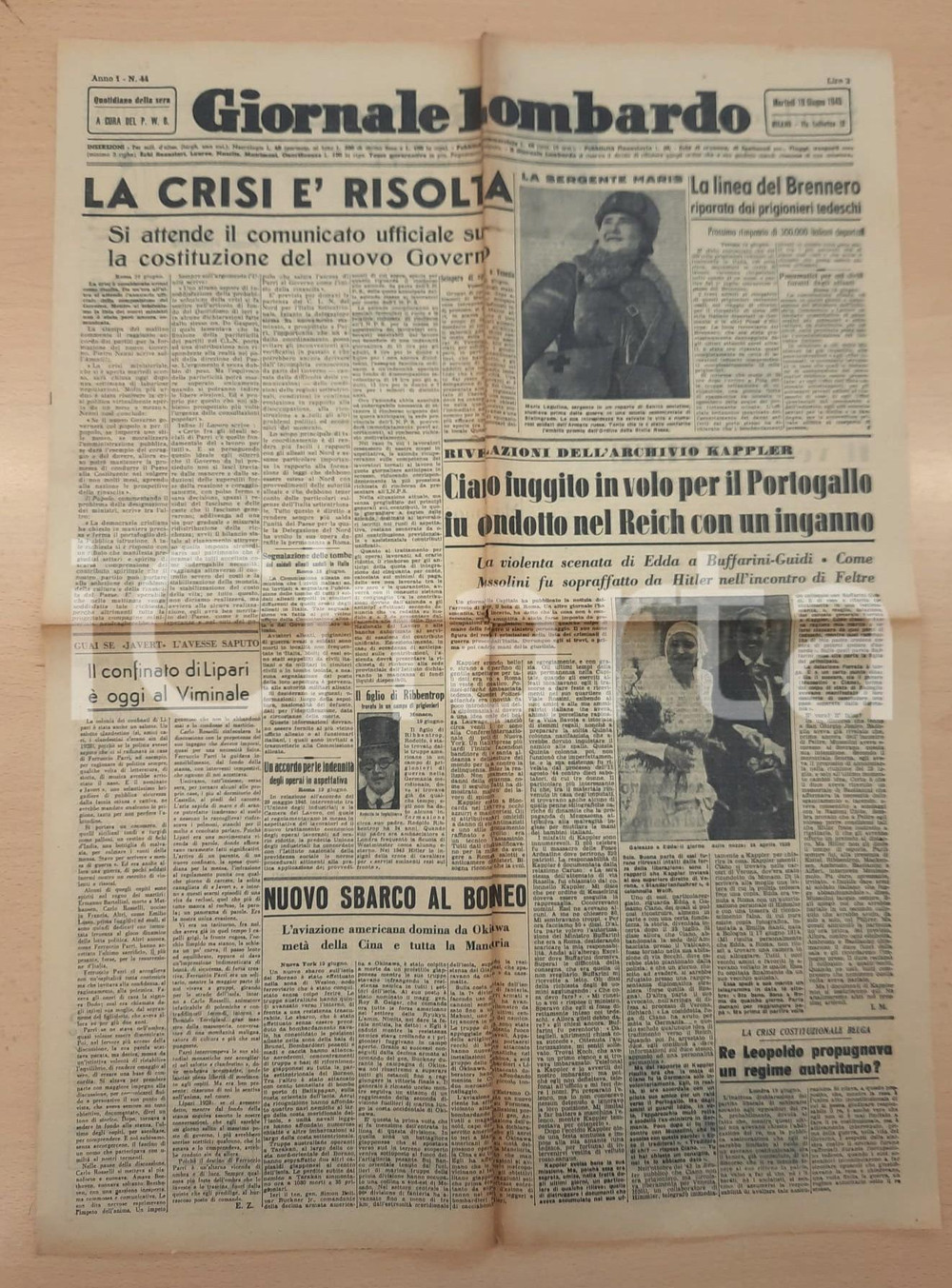 Giornale, rivista storica 1945 GIORNALE LOMBARDO Archivio KAPPLER : Ciano ingannato  Sbarco al Borneo 1