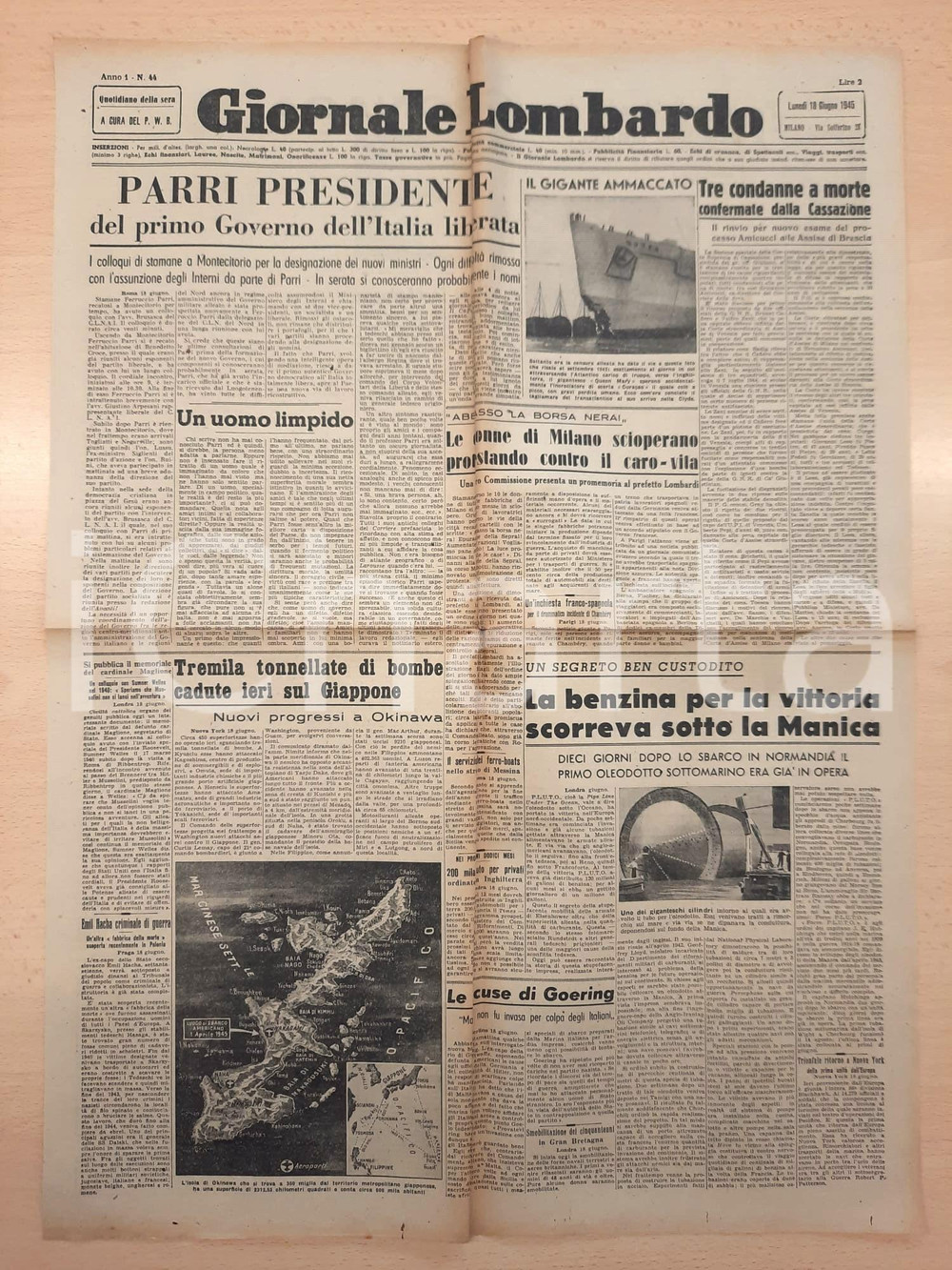 Giornale, rivista storica 1945 GIORNALE LOMBARDO Ferruccio Parri presidente primo governo Italia liberata 1