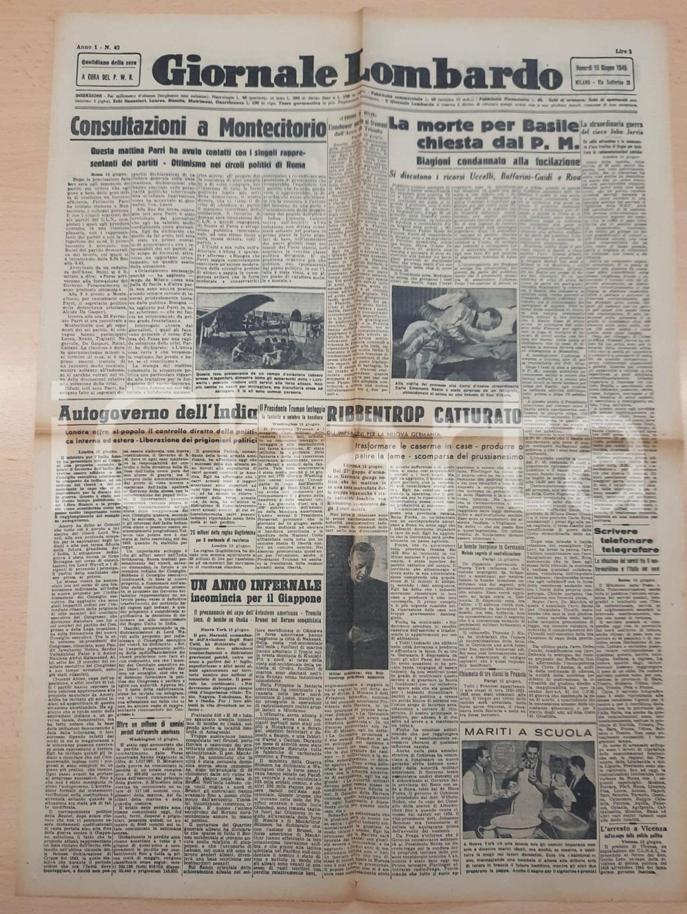 Giornale, rivista storica 1945 GIORNALE LOMBARDO Ribbentropp catturato  Pena di morte chiesta per Basile 1