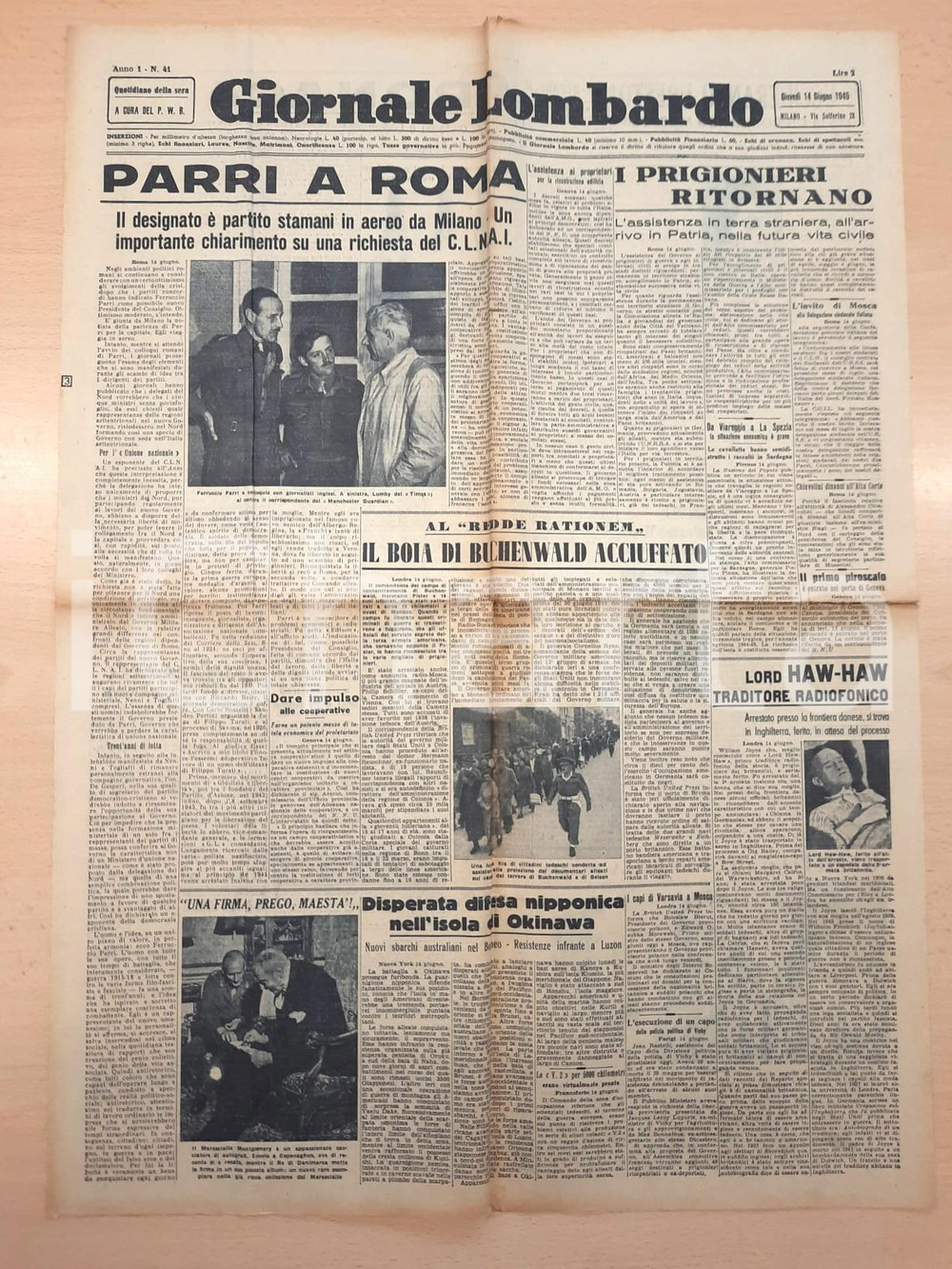 Giornale, rivista storica 1945 GIORNALE LOMBARDO Catturato PISTER boia di Buchenwald  Parri a Roma 1