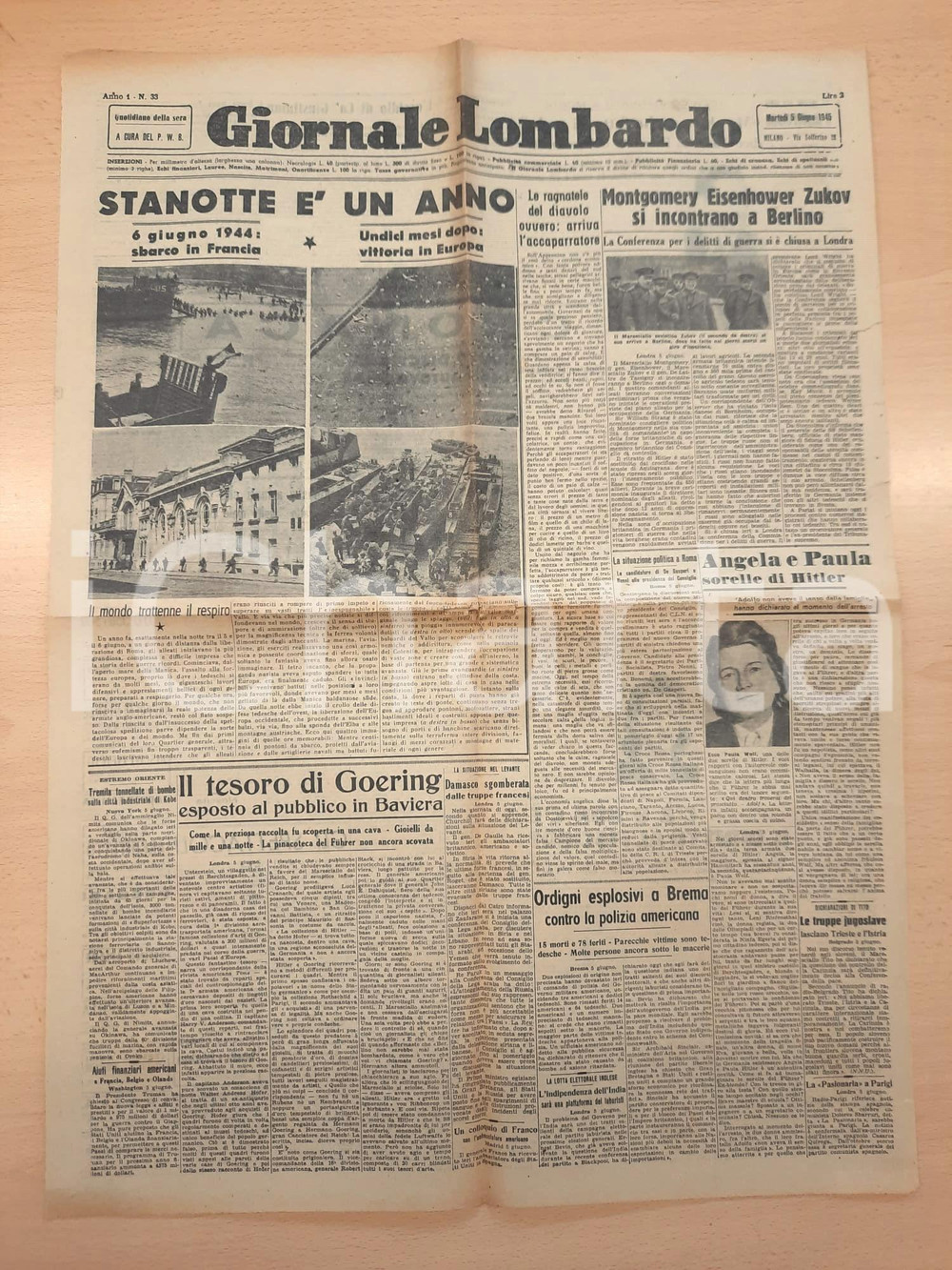 Giornale, rivista storica 1945 GIORNALE LOMBARDO Anniversario sbarco in Normandia  Esposto tesoro Goering 1