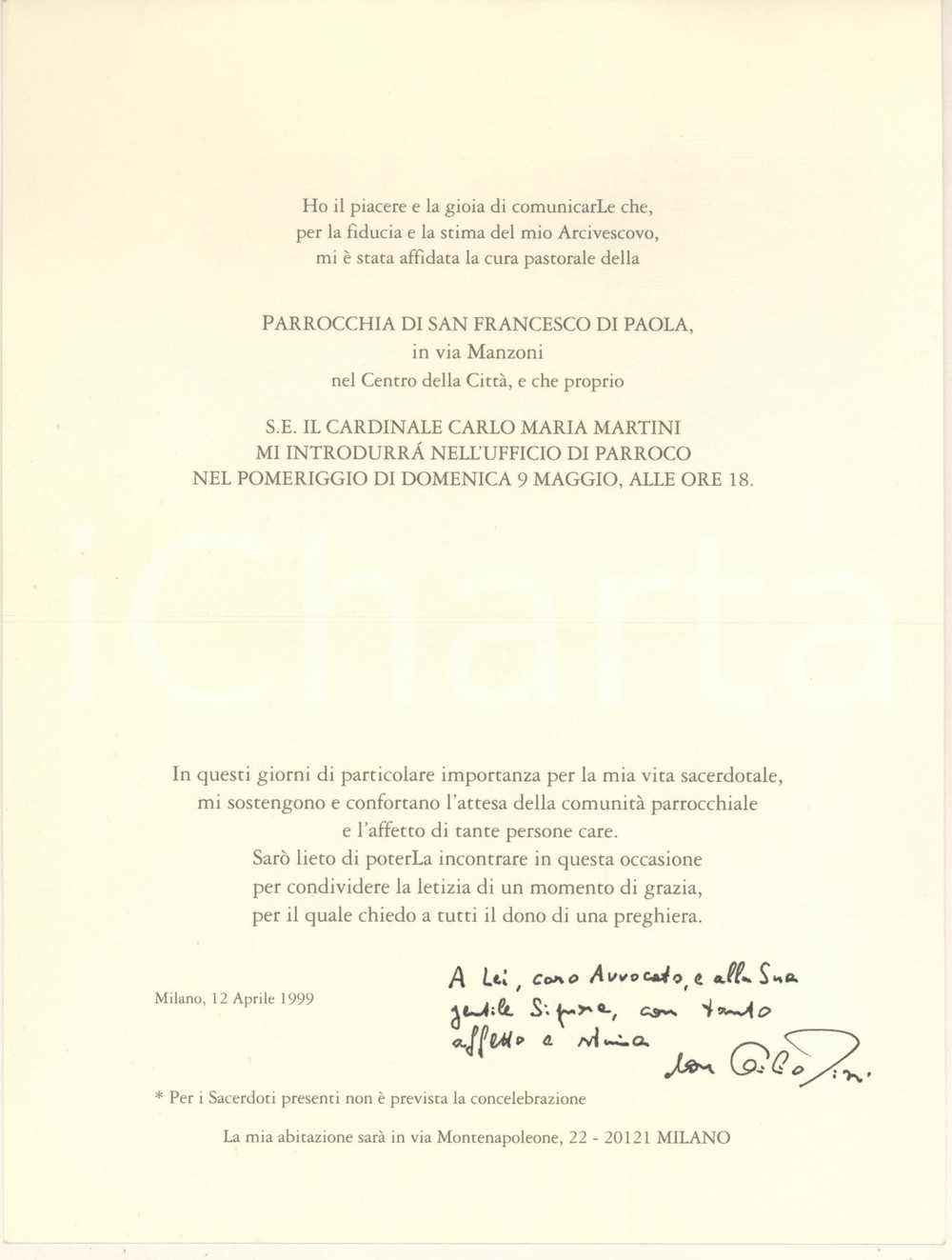 Autografo originale 1999 MILANO Parrocchia S. Francesco di Paola  Don Cecilio RIZZI Autografo 1