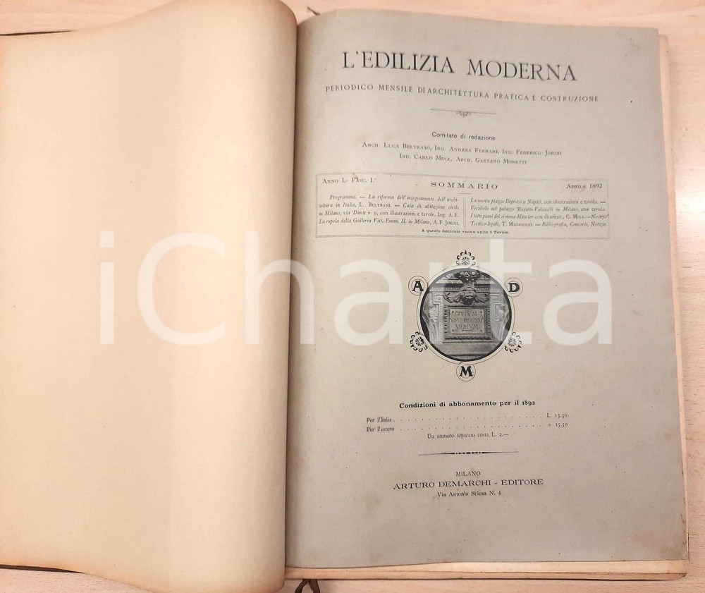 Giornale, rivista storica 1892 L EDILIZIA MODERNA  Mensile illustrato Annata completa rilegata  Anno I 1