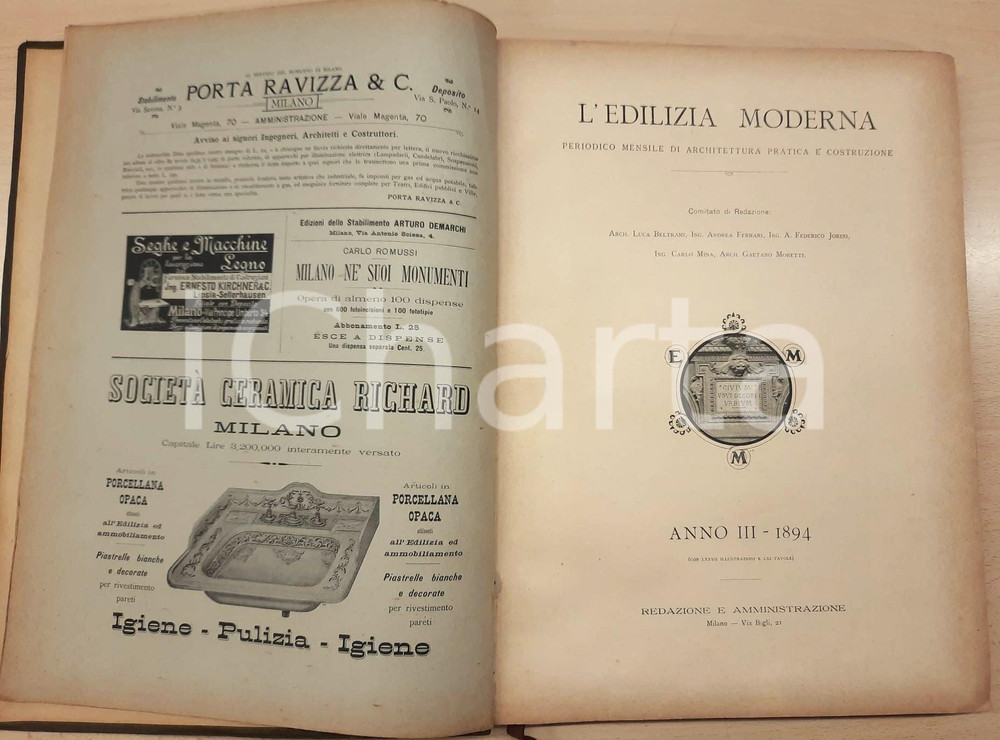 Giornale, rivista storica 1894 L EDILIZIA MODERNA  Mensile illustrato Annata completa rilegata 1