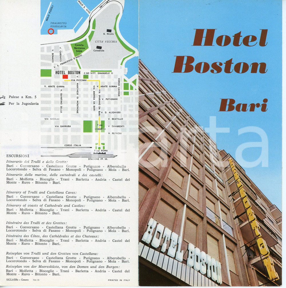 Materiale pubblicitario d’epoca 1970 ca BARI Via Piccinni 155  HOTEL BOSTON Pieghevole pubblicitario 1