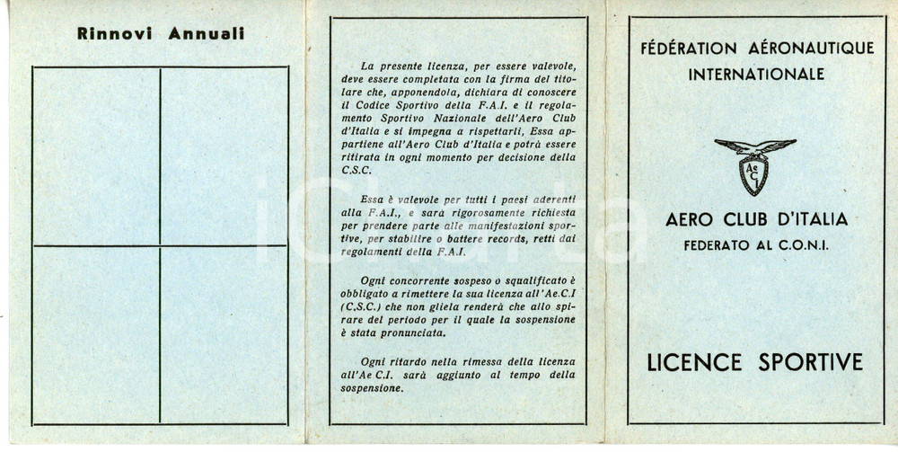Oggetto da collezione cartaceo 1960 ca AERO CLUB ITALIA Fédération Aéronautique Internationale Licence sportive 1