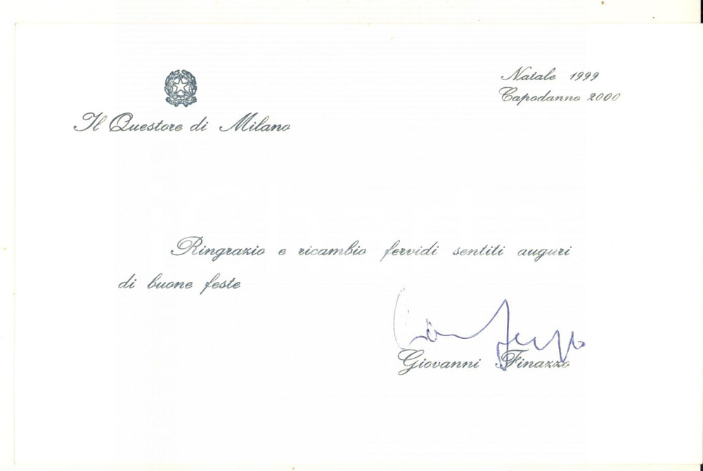 Autografo originale 1999 MILANO Questore Giovanni FINAZZO  Biglietto auguri Natale AUTOGRAFO 1