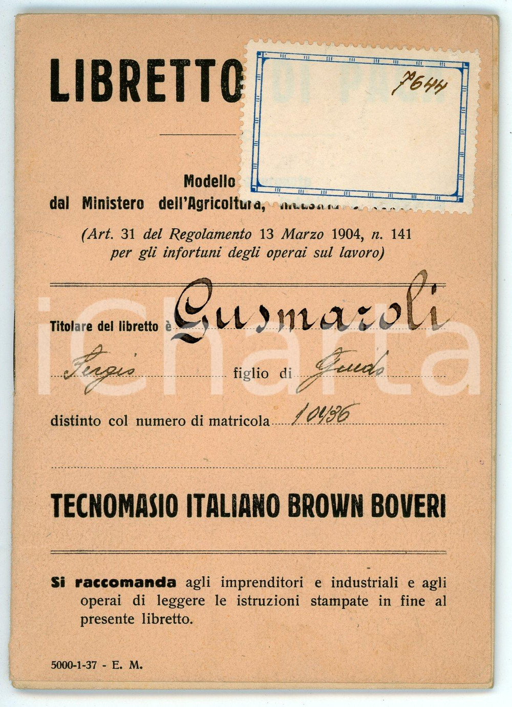 Libro, pubblicazione d epoca 1937 MILANO Tecnomasio Italiano Brown Boveri  Libretto di paga 1