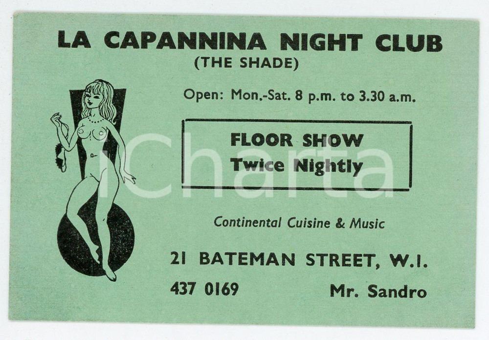 Oggetto da collezione cartaceo 1970 ca LONDON La Capannina Night Club THE SHADE Striptease  Card 1
