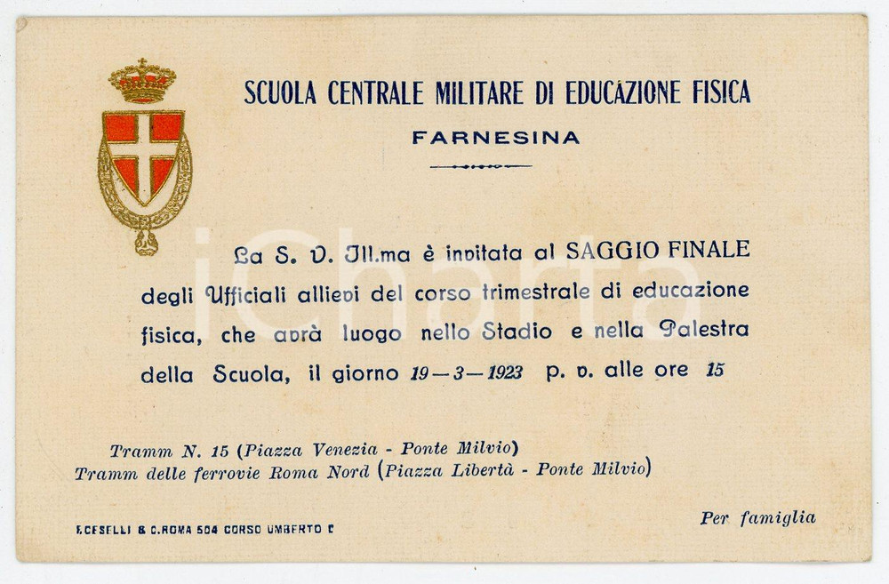 Oggetto da collezione cartaceo 1923 ROMA  FARNESINA Scuola centrale militare di educazione fisica  Invito 1