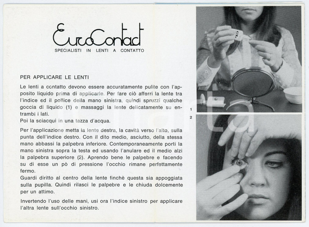 Oggetto da collezione cartaceo 1960 ca EUROCONTACT Lenti a contatto  Istruzioni per l applicazione Pieghevole 1
