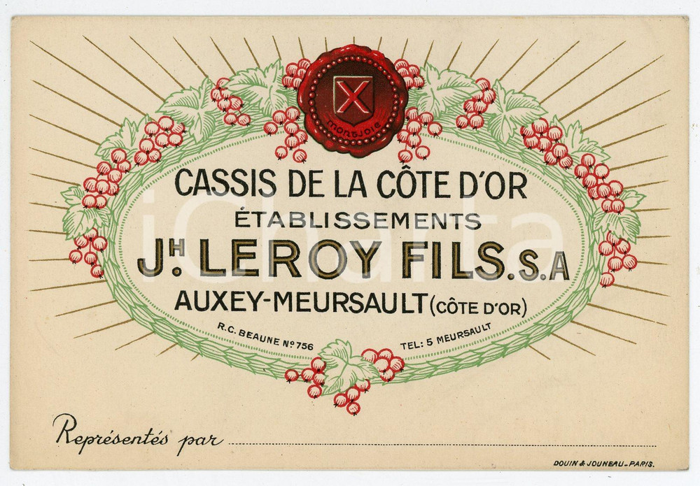 Oggetto da collezione cartaceo 1935 ca AUXEYMEURSAULT Établissements JH. LEROY FILS Cassis de la Côted Or 1