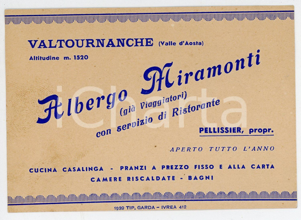 Materiale pubblicitario d’epoca 1939 VALTOURNENCHE AO Albergo Miramonti di PELLISSIER Biglietto da visita 1
