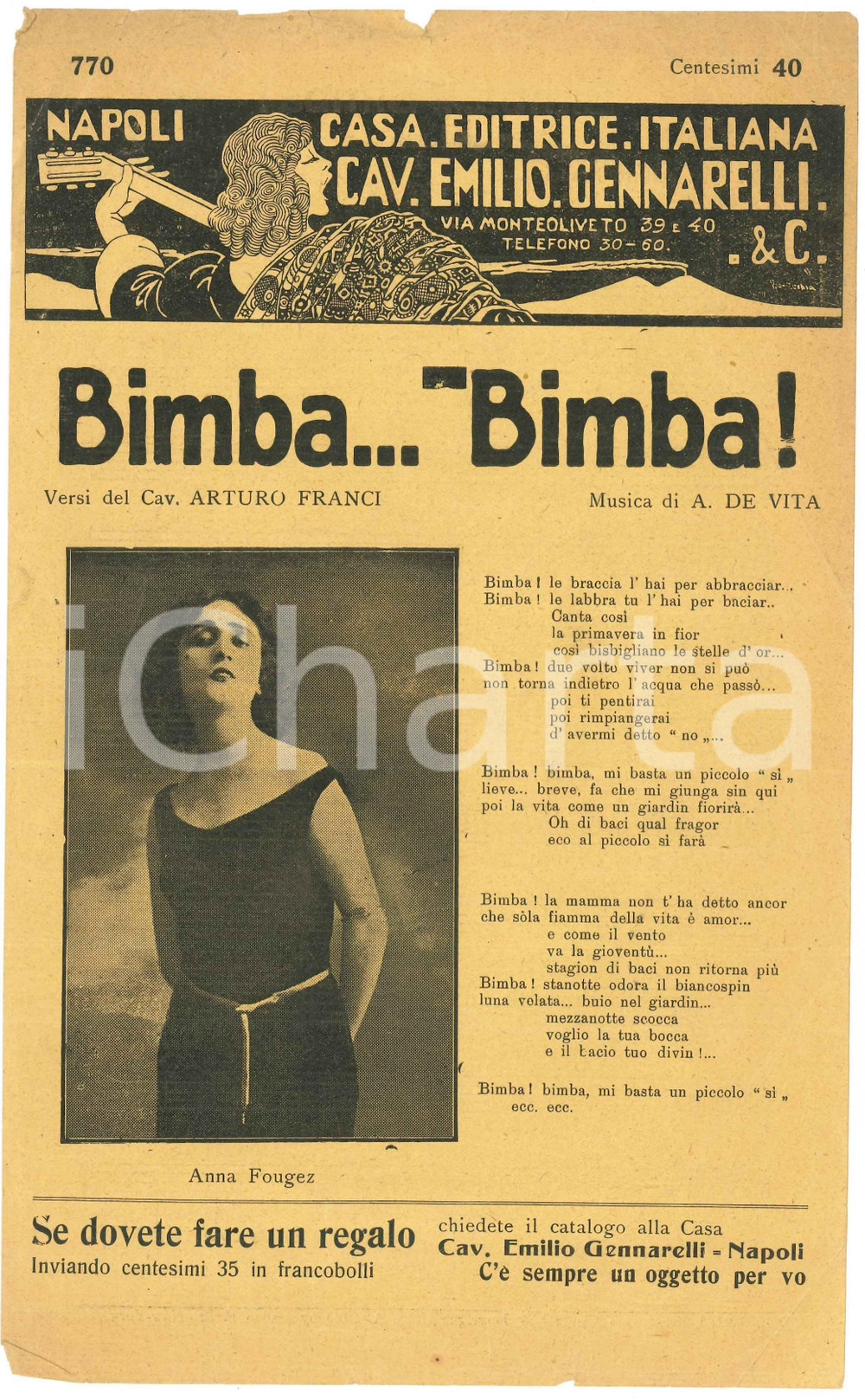 Oggetto da collezione cartaceo 1920 Bimba...Bimba! versi del Cav. Arturo FRANCI musica di A. DE VITA Spartito 1