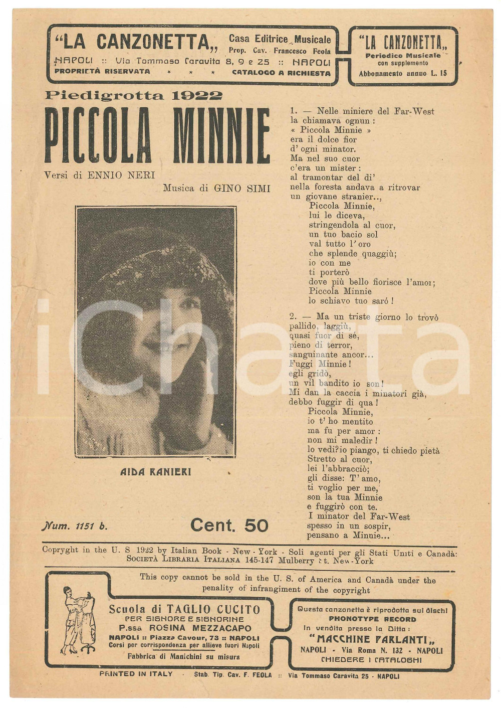 Oggetto da collezione cartaceo 1922 Aida RANIERI Piccola Minnie versi Ennio NERI musica Gino SIMI Spartito 1
