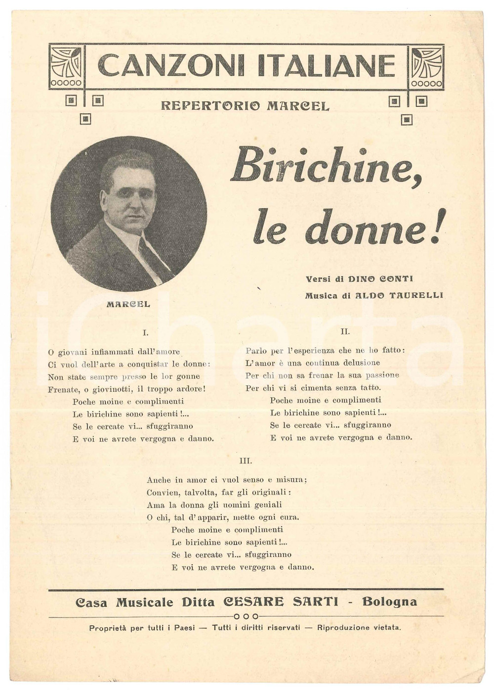 Oggetto da collezione cartaceo 1917 Birichine le donne versi di Dino CONTI musica di Aldo TAURELLI Spartito 1