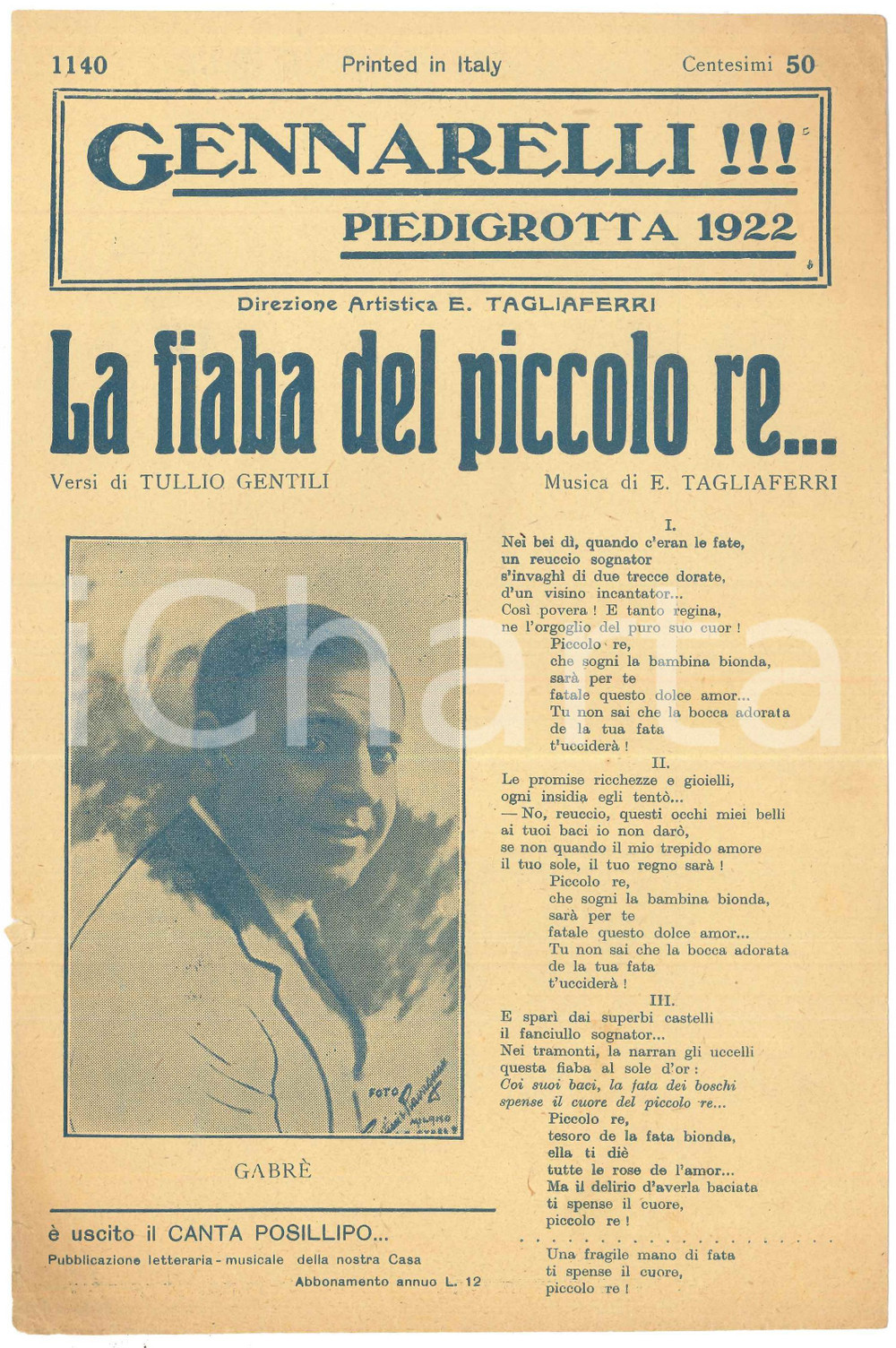 Oggetto da collezione cartaceo 1922 PIEDIGROTTA La fiaba del piccolo re  T. GENTILI  E. TAGLIAFERRI Spartito 1