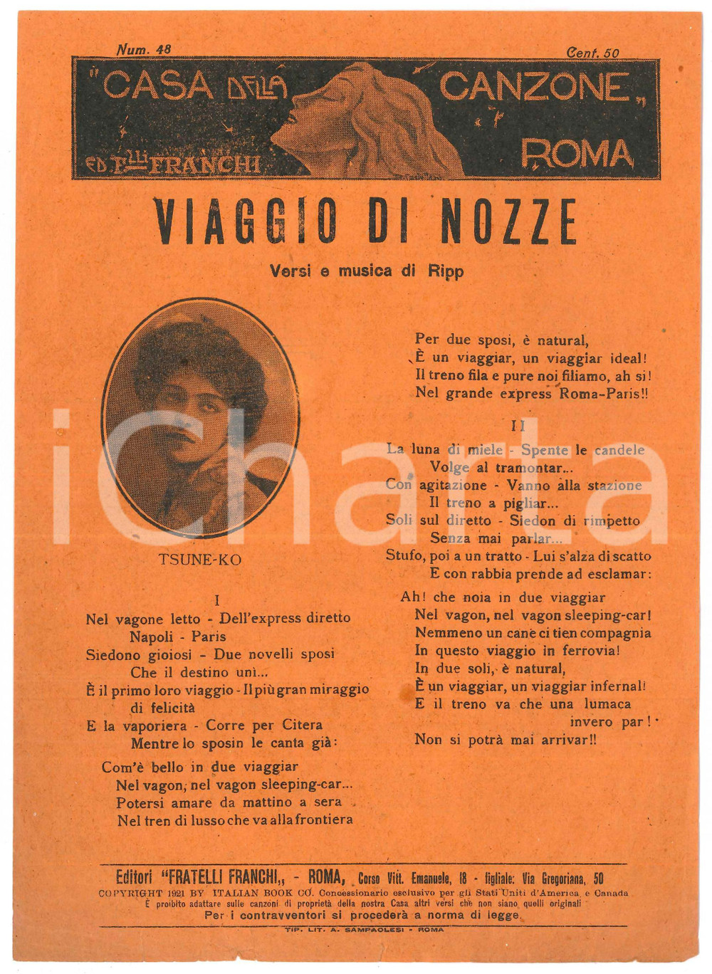 Oggetto da collezione cartaceo 1921 TSUNEKO Viaggio di nozze  Versi e musica di RIPP Spartito 1