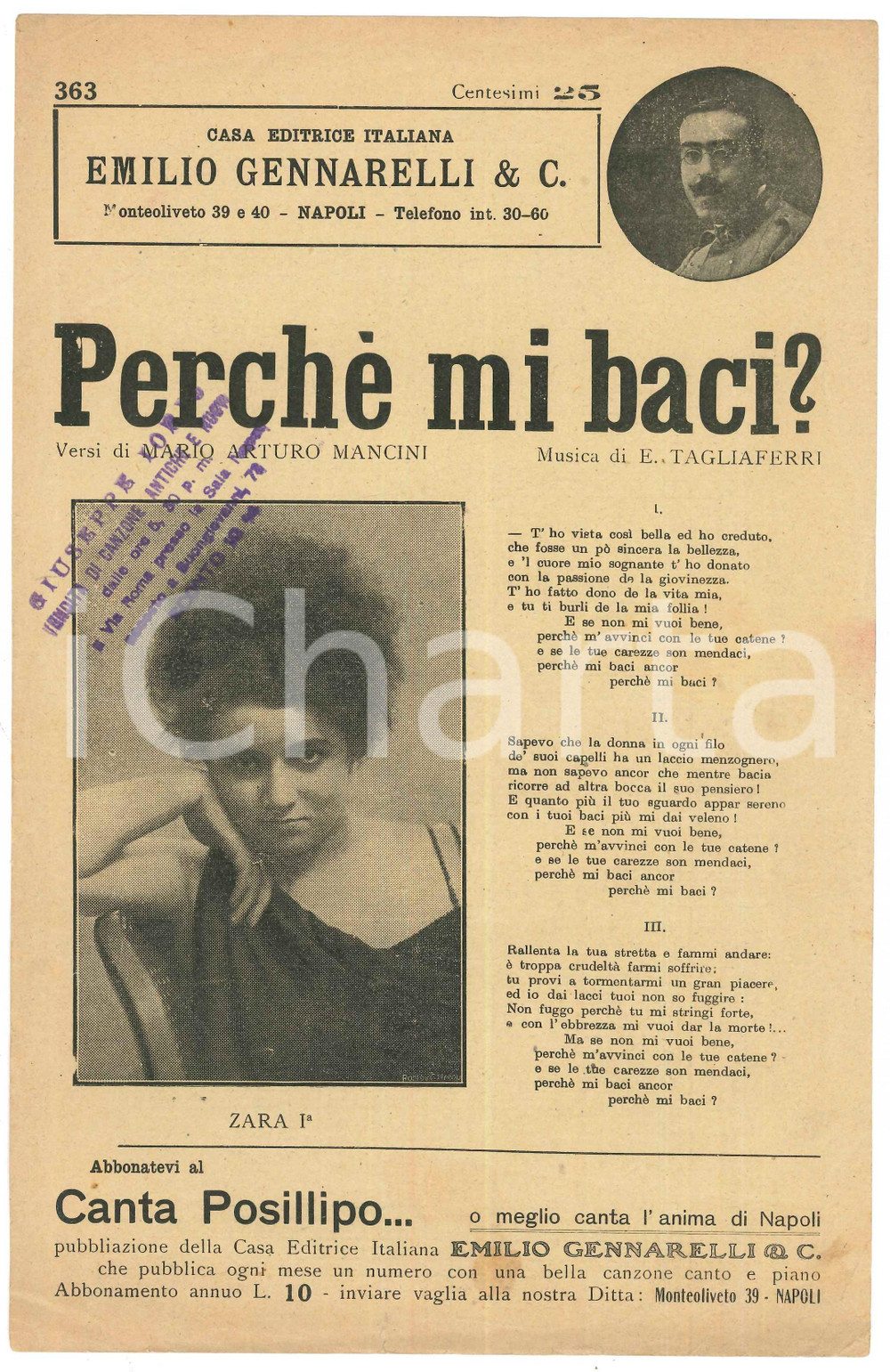 Oggetto da collezione cartaceo 1918 Perchè mi baci? versi Mario Arturo MANCINI musica E. TAGLIAFERRI Spartito 1