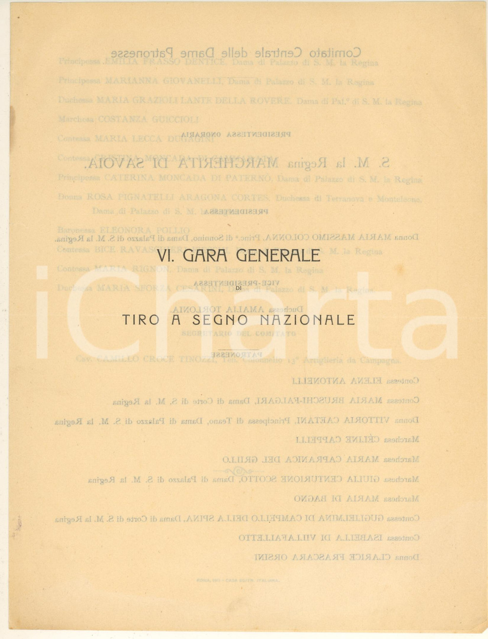 Documento originale, autentico 1911 TIRO A SEGNO NAZIONALE  VI Gara Generale  Comitato Dame Patronesse 1
