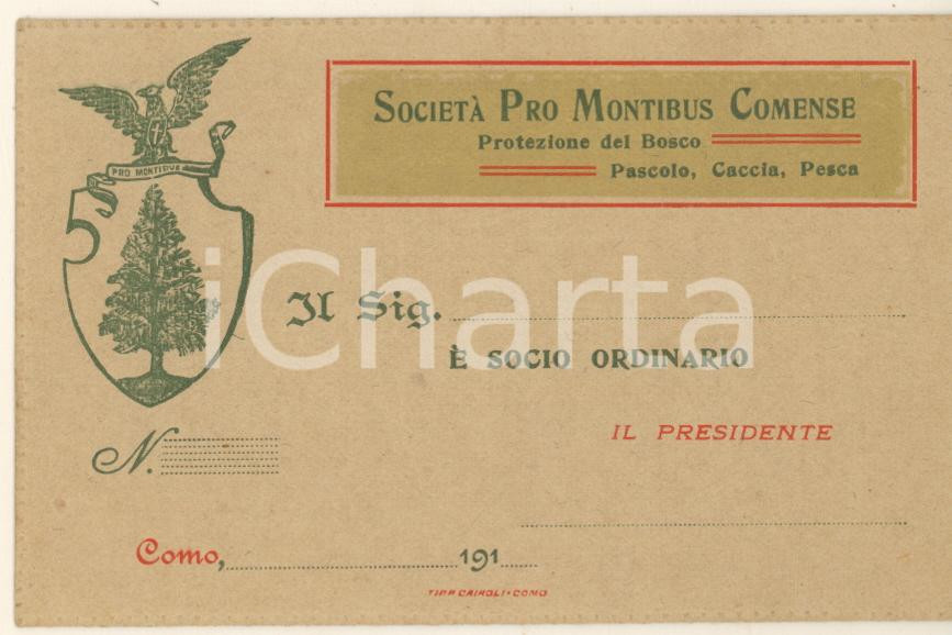 Oggetto da collezione cartaceo 1910 ca COMO Società pro Montibus Comense Tessera socio ordinario non compilata 1