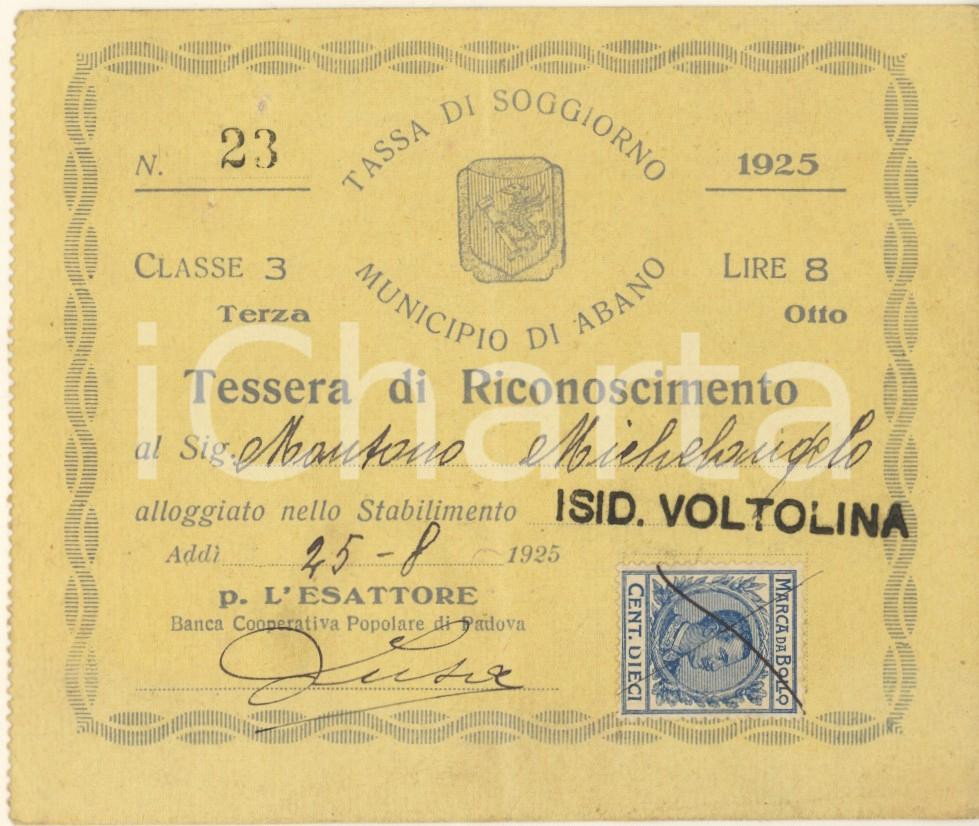 Oggetto da collezione cartaceo 1925 ABANO TERME Tessera di riconoscimento ospite stabilimento ISID. VOLTOLINA 1