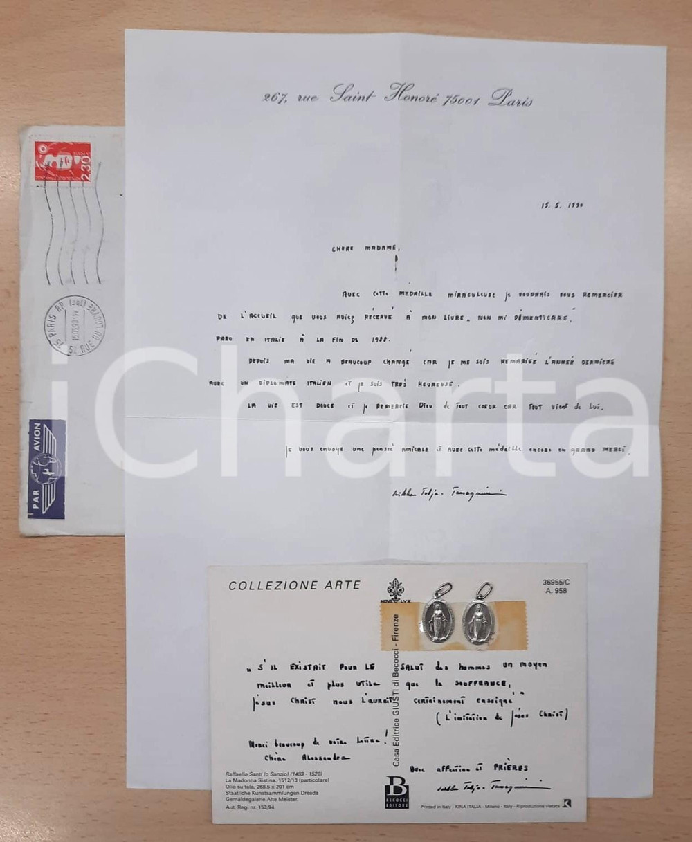 Autografo originale 1990 PARIS Sirkku TALJA  Lettera con medaglie miracolose Autografo 1