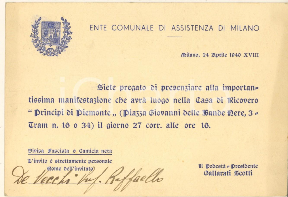 Documento originale, autentico 1940 MILANO Manifestazione alla Casa di Ricovero Principi di Piemonte Invito 1