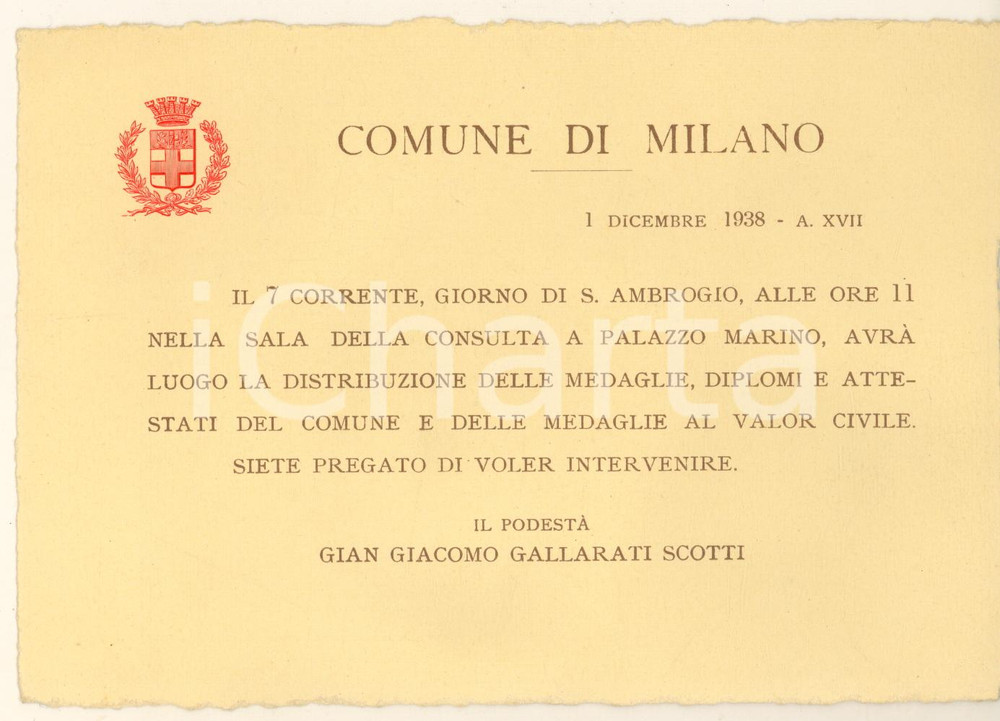 Documento originale, autentico 1938 COMUNE MILANO Distribuzione medaglie al Valor Civile Invito 1