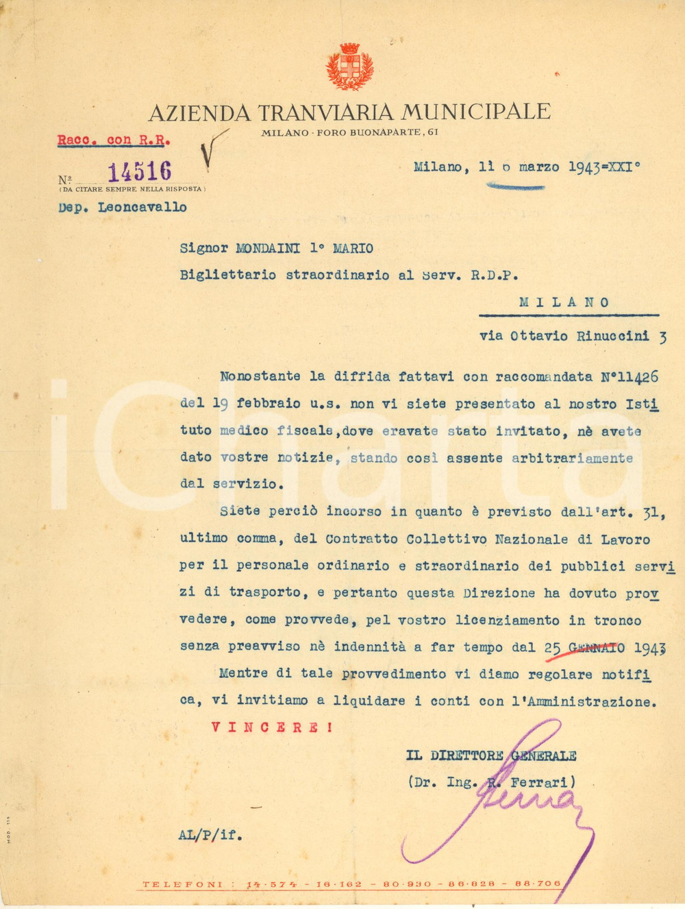 Documento originale, autentico 1943 MILANO ATM Trasporti  Bigliettaio licenziato per assenza ingiustificata 1