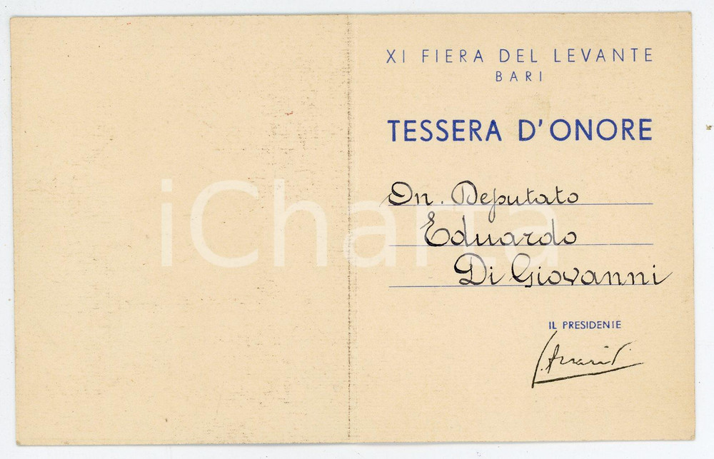 Oggetto da collezione cartaceo 1947 BARI  XI FIERA DEL LEVANTE Tessera d onore di Eduardo DI GIOVANNI 1